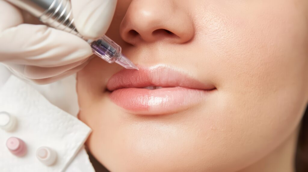 Gloved practitioner treating a patient's upper lip with a fine needle