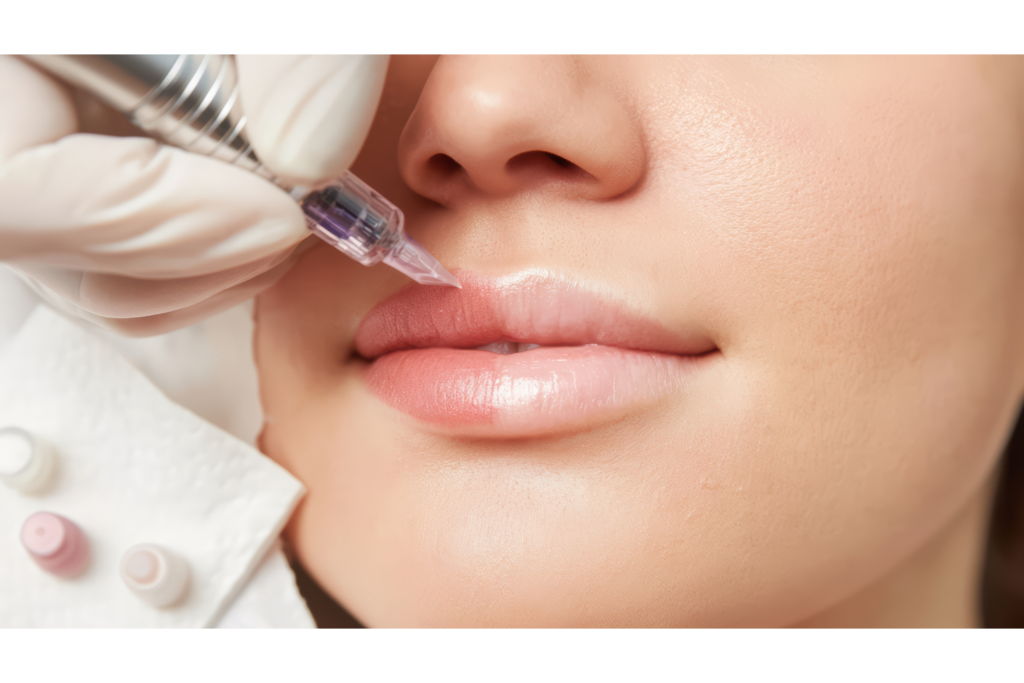 Close up of a lip treatment adding definition to the lip border